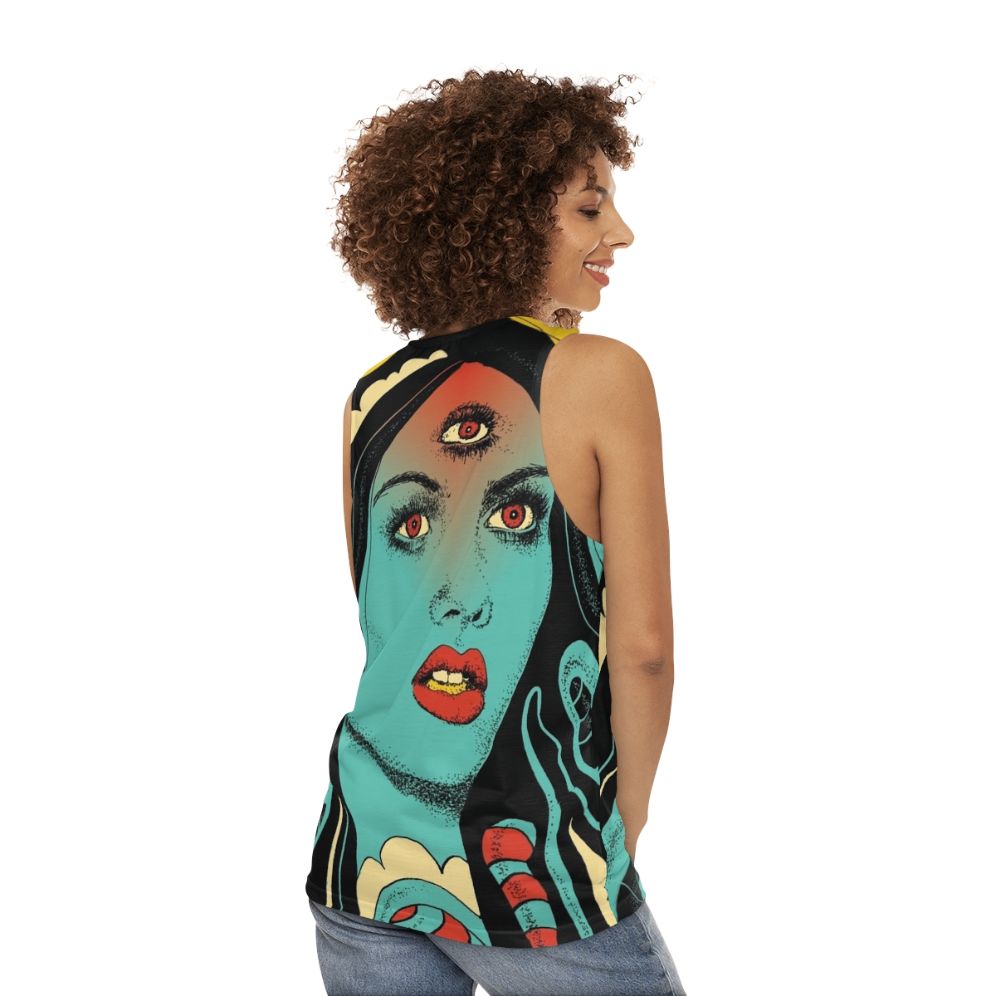 Unisex tank top with psychedelic, spiritual, and mystical design - women back