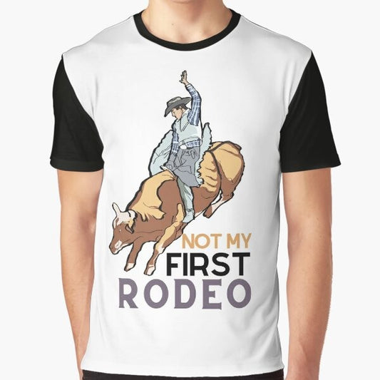 "Not My First Rodeo" graphic t-shirt with a vintage-style horse and cowboy design