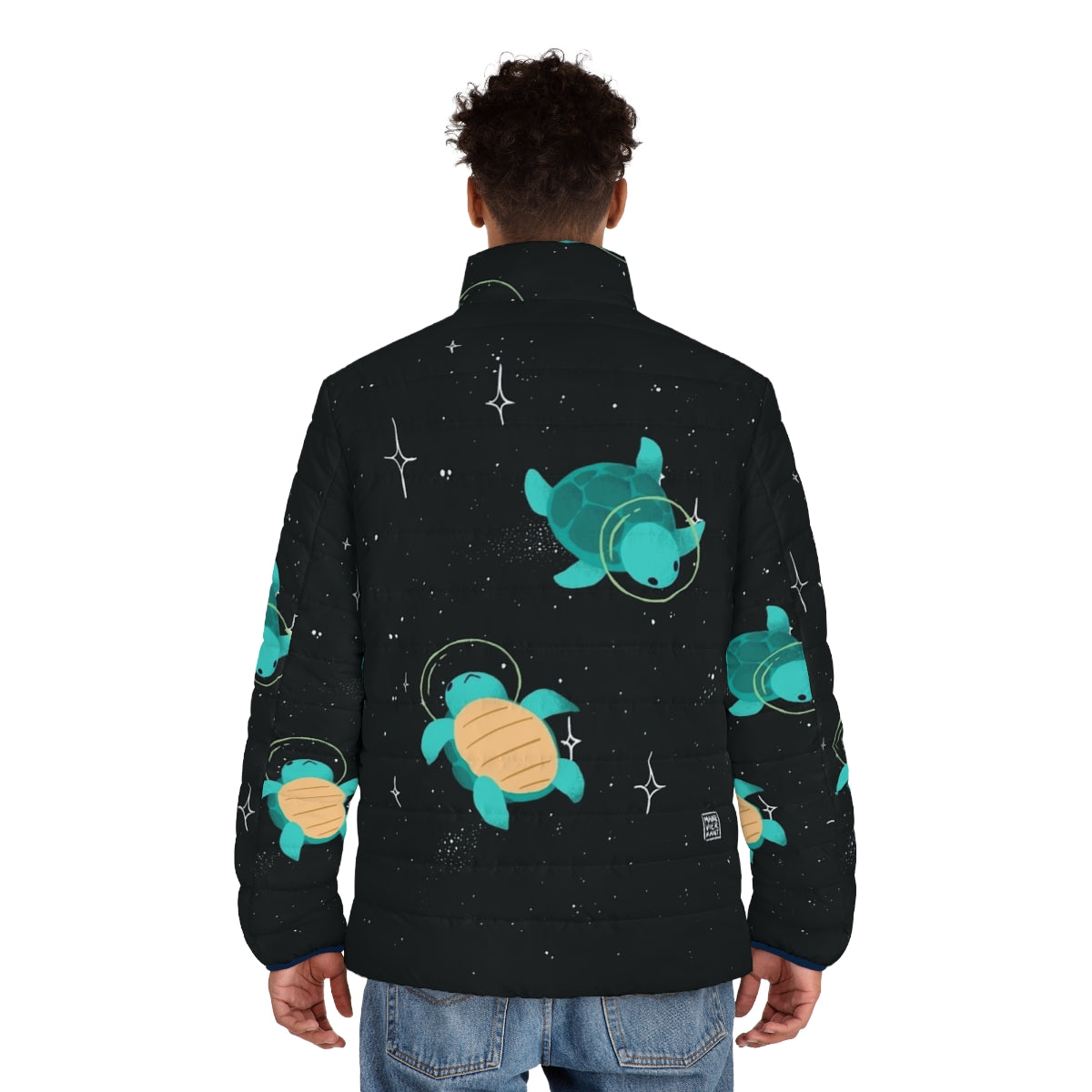 Adorable space turtle wearing a puffer jacket, ready for an intergalactic adventure - men back