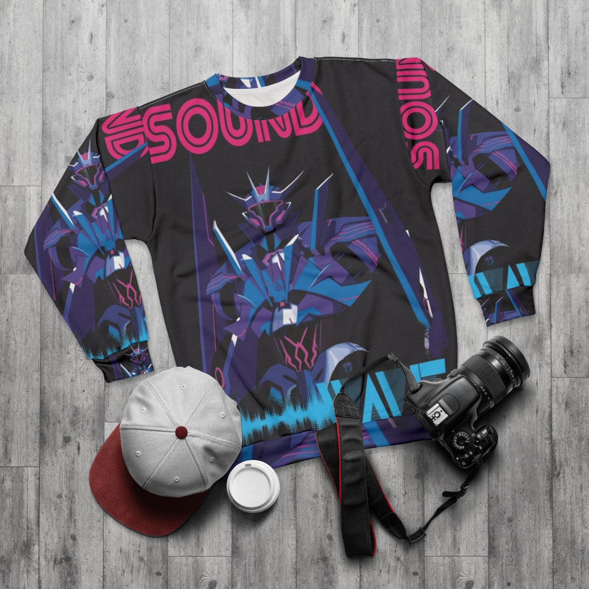 Soundwave Sweatshirt - Transformers Inspired Retro Sci-Fi Clothing - flat lay