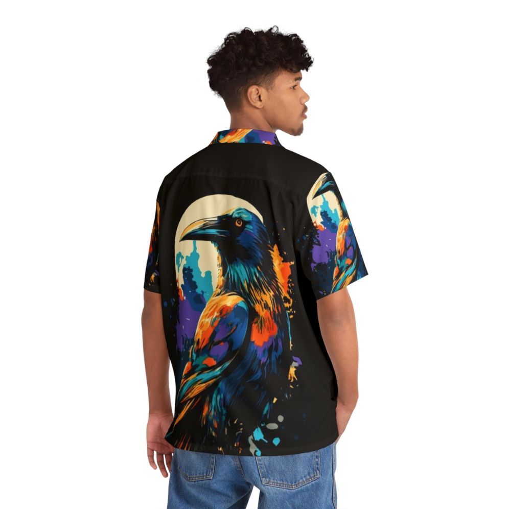 Colorful Hawaiian shirt featuring a design of crows and ravens against a dark background - People Back