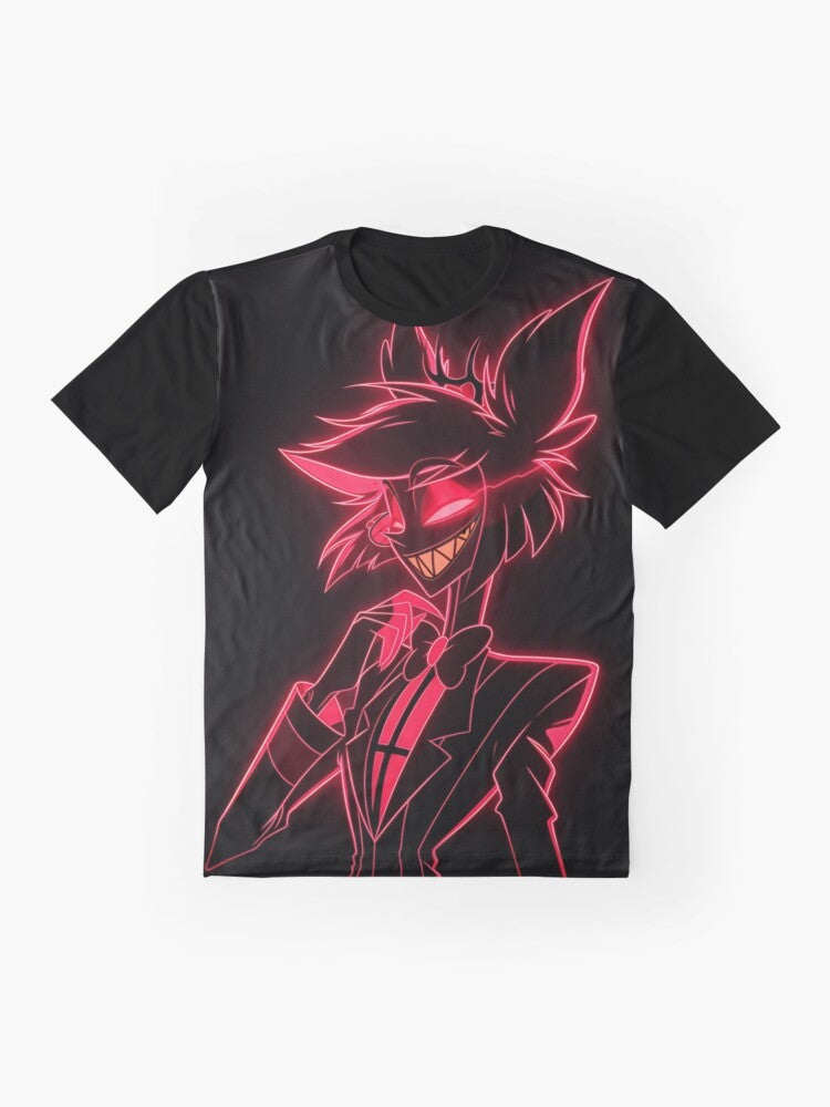 Neon graphic t-shirt featuring the radio demon Alastor from the Hazbin Hotel series - Flat lay