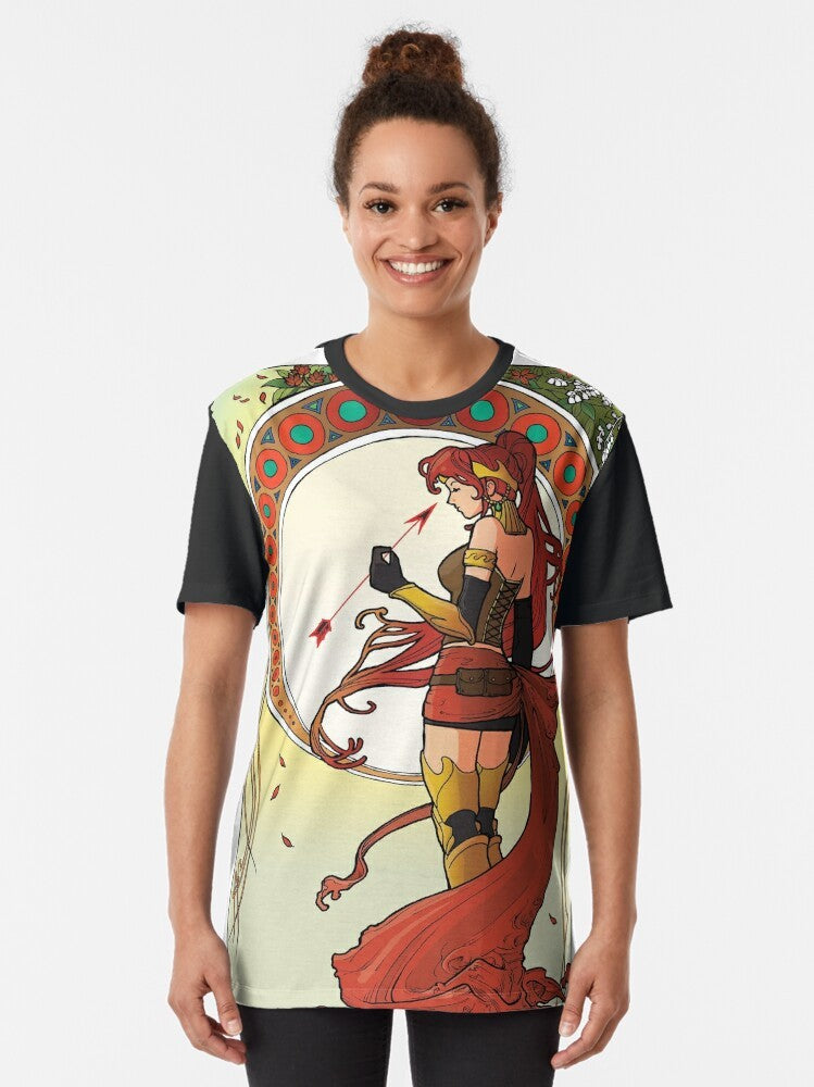 Graphic t-shirt featuring Pyrrha Nikos, a redheaded gladiator-inspired character from the anime series RWBY, in an art nouveau style design. - Women