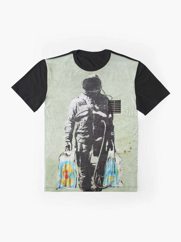 Banksy-inspired graphic t-shirt featuring an astronaut carrying shopping bags, a commentary on consumerism and society. - Flat lay