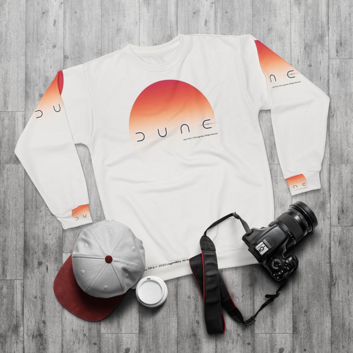 Dune Sun Sweatshirt 2 featuring desert planet and spice design - flat lay