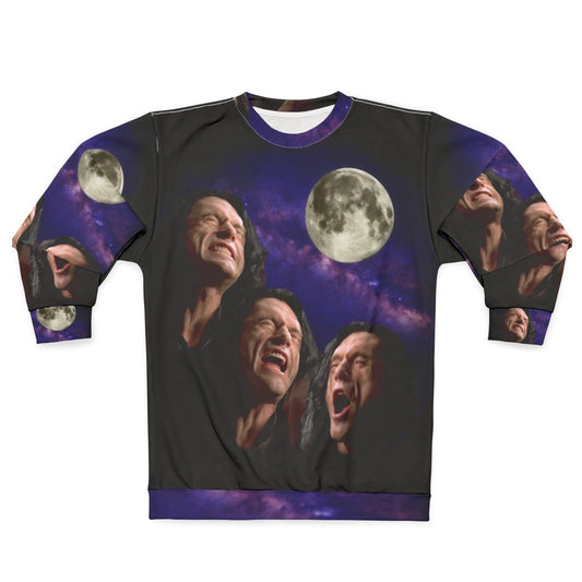 Three Wiseau Moon Sweatshirt with Tommy Wiseau, The Room, and Disaster Artist Meme Design