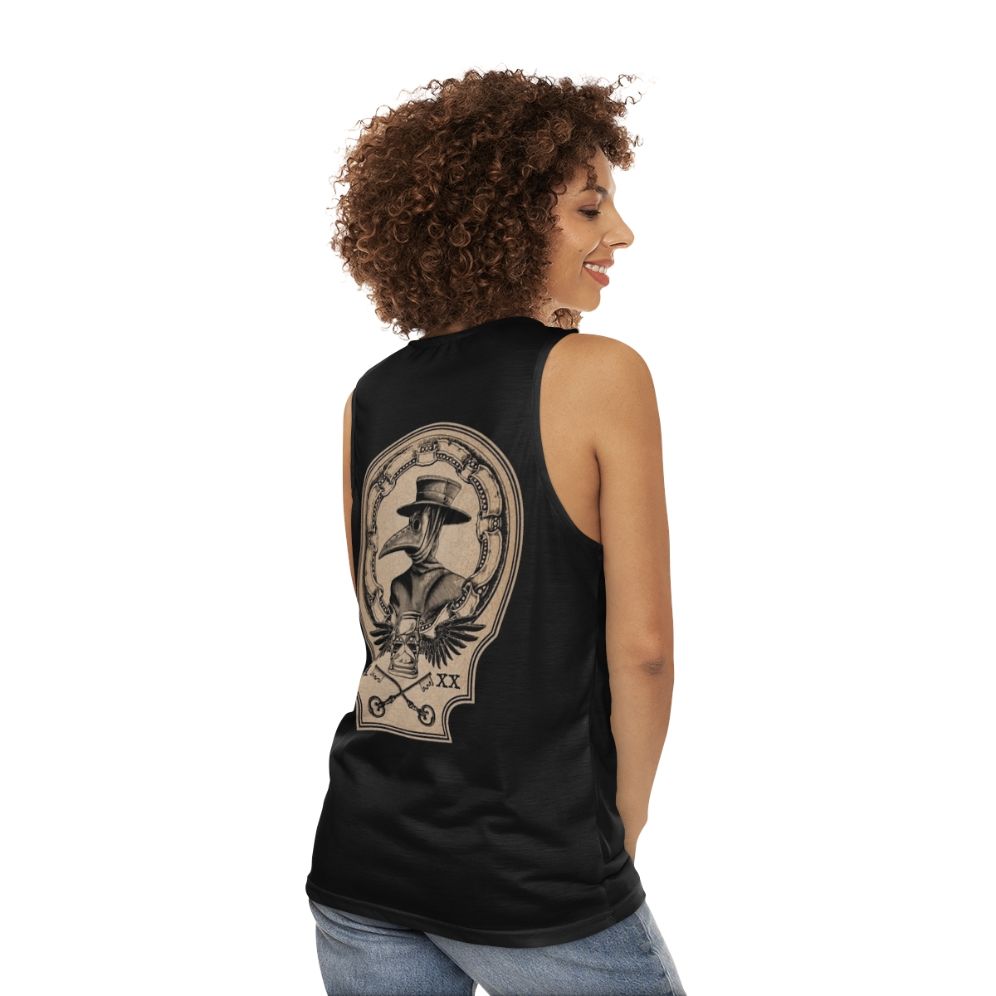 Vintage plague doctor unisex tank top with raven, hourglass, and roman numerals design - women back