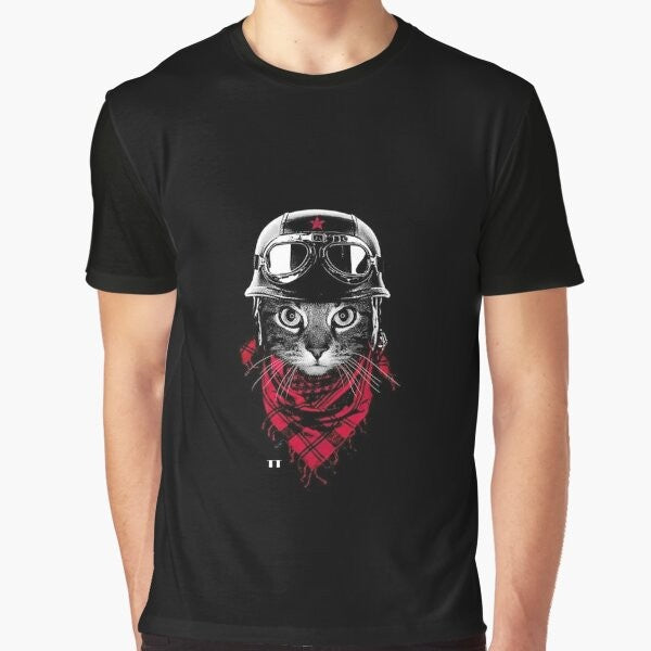 Motorcycle cat graphic t-shirt with a vintage helmet-wearing cat design