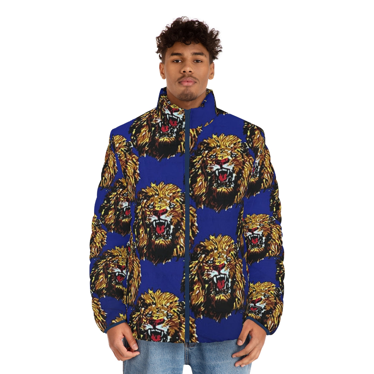 Blue puffer jacket with Isi Agu lion head design - men front