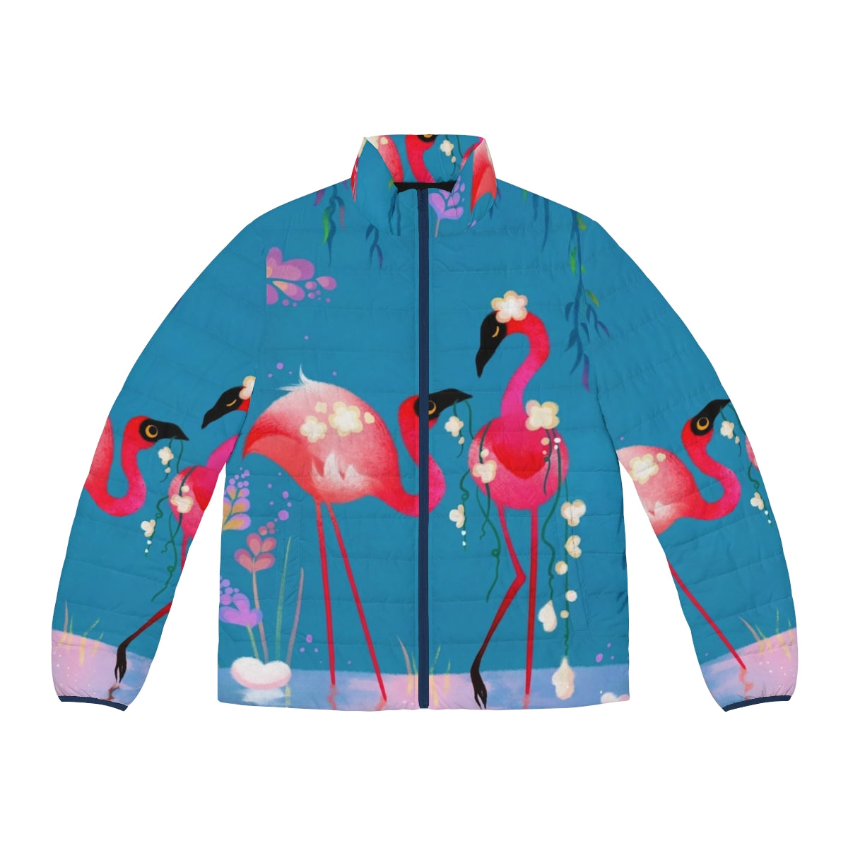 Closeup of a person wearing a pink flamingo-themed puffer jacket