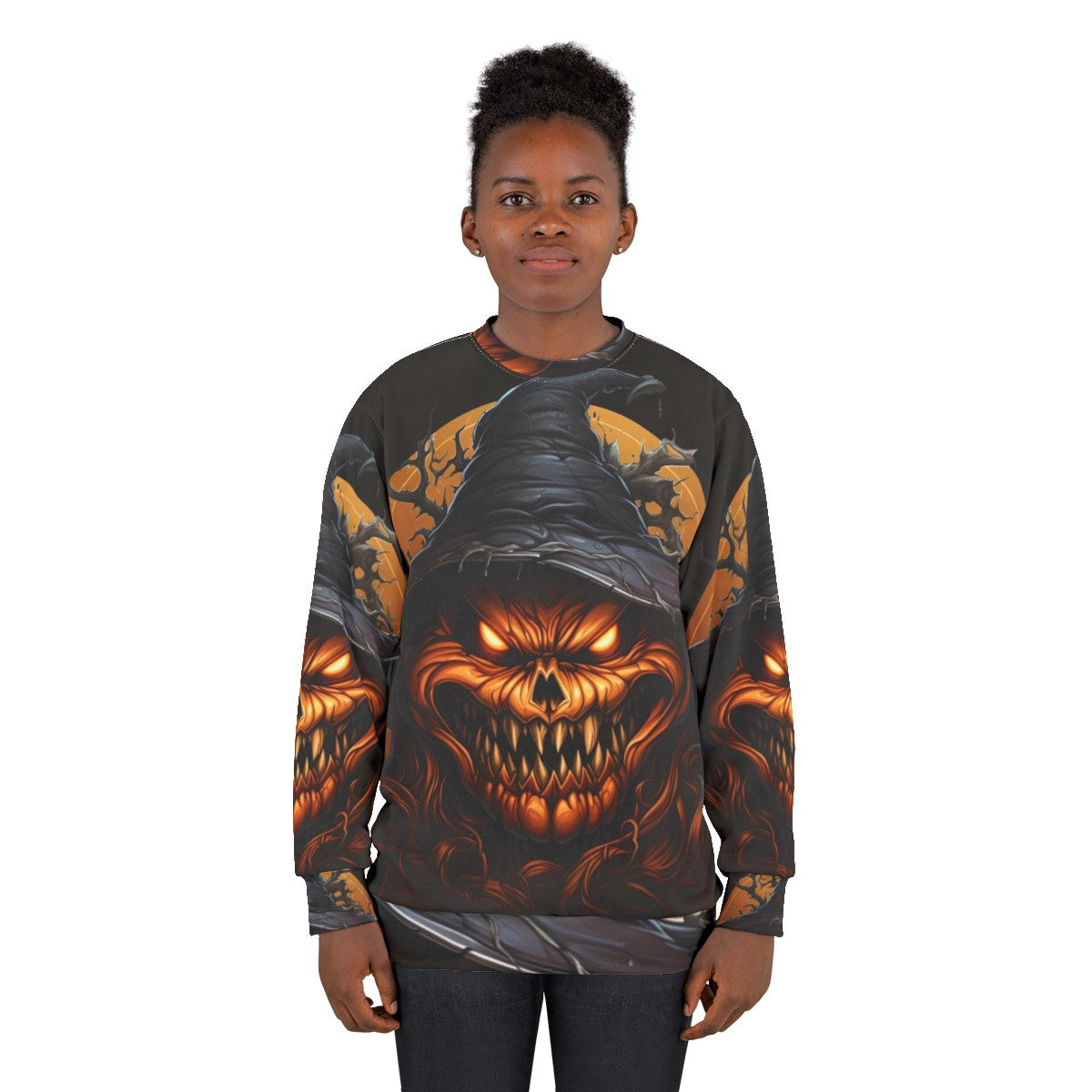 Sinister Halloween Pumpkin Sweatshirt with Demonic Pumpkin Design - women