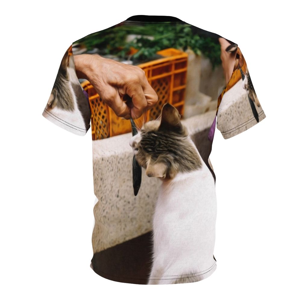 Illustration of people, market, animals, and cats on a t-shirt - Back