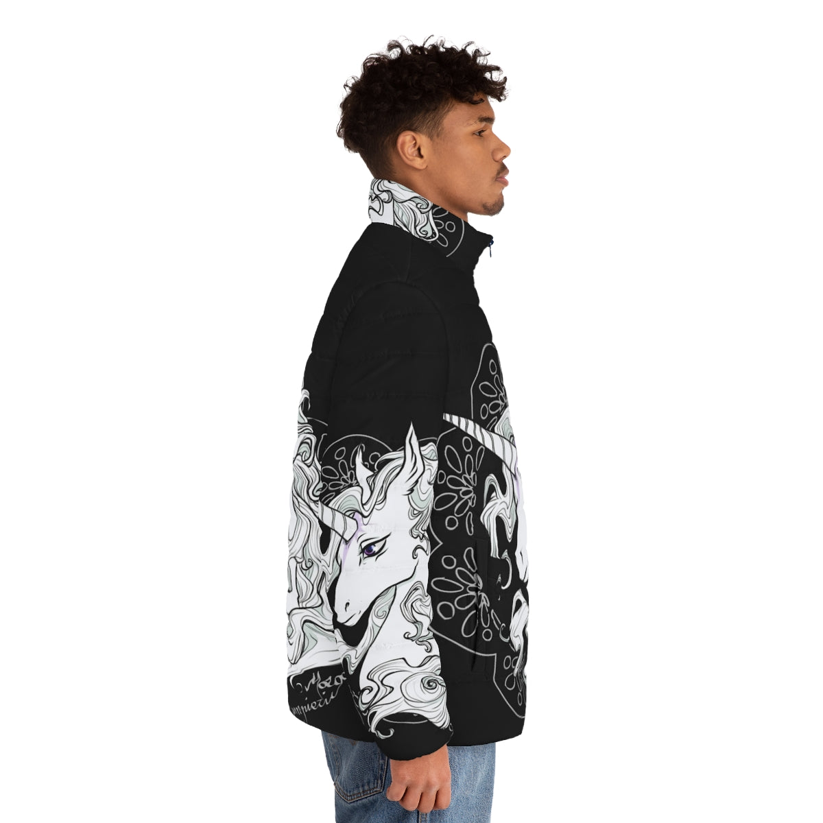 The Last Unicorn Black Puffer Jacket featuring a majestic unicorn design - men side right