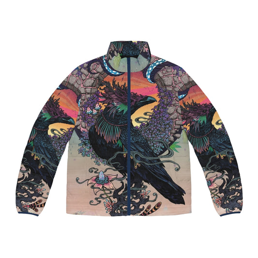 Puffer jacket featuring a mystical, psychedelic design of a raven or crow bird and cannabis leaves