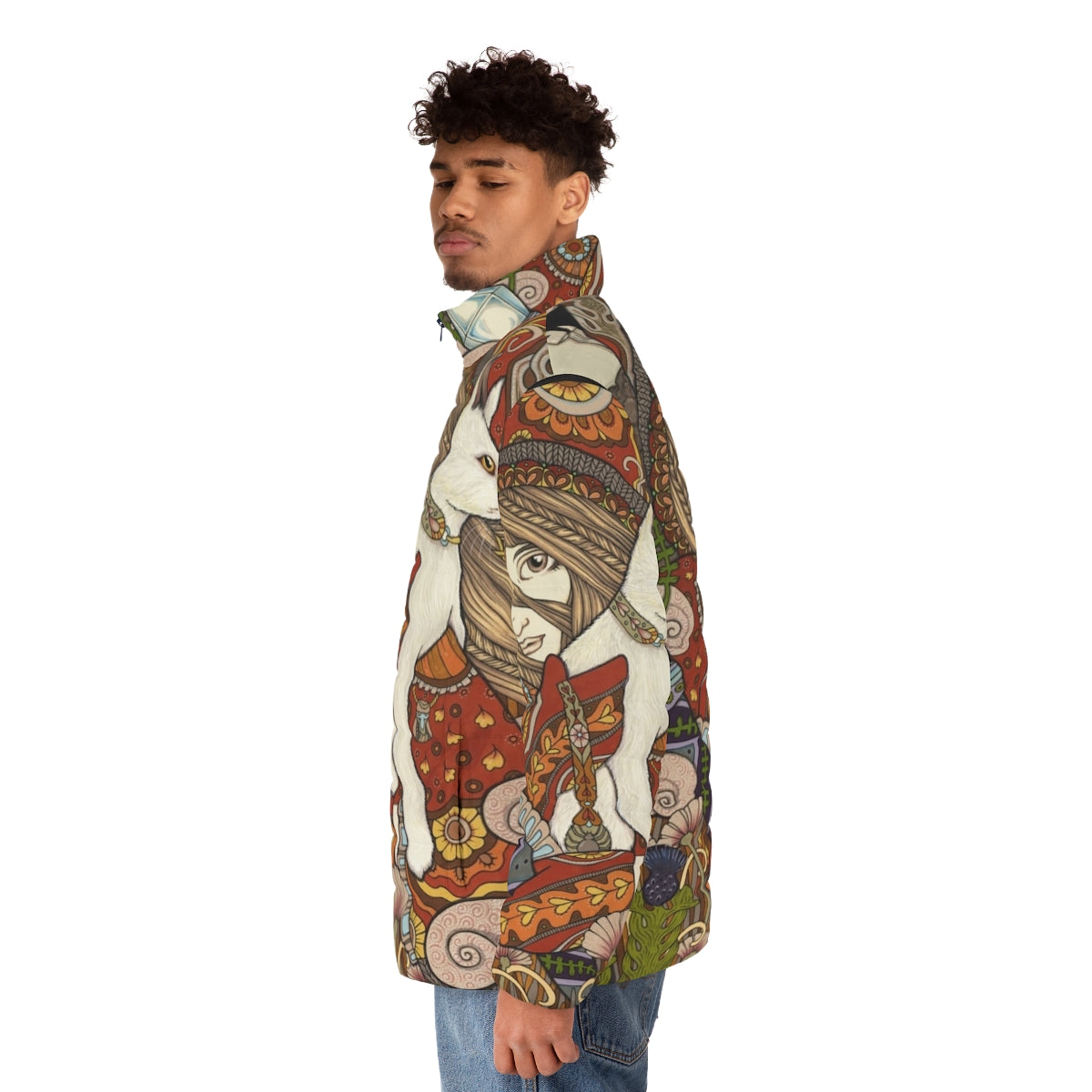 Visionary puffer jacket with tarot, owl, and cat motifs - men side left