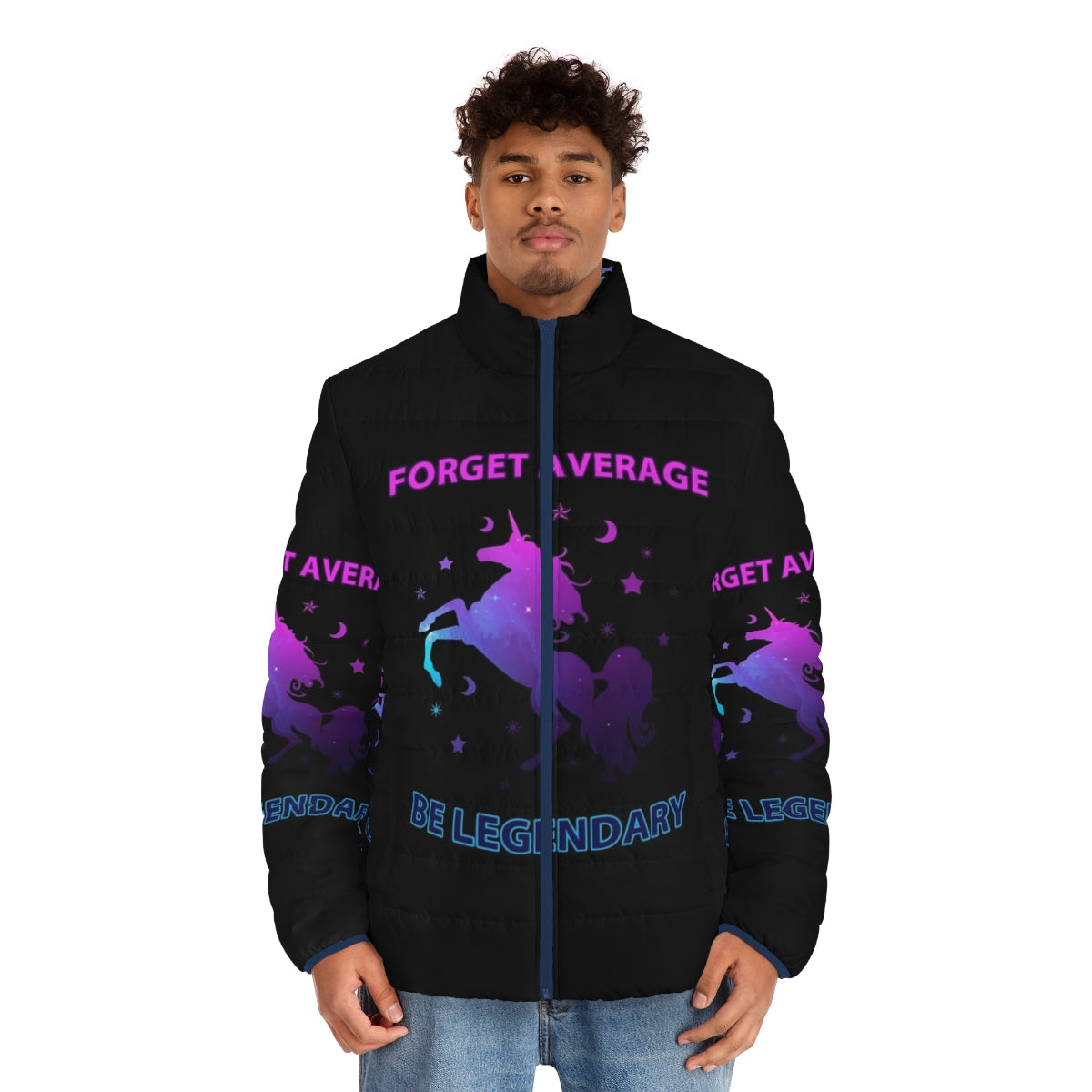 Legendary puffer jacket with unicorn and galaxy design - men front