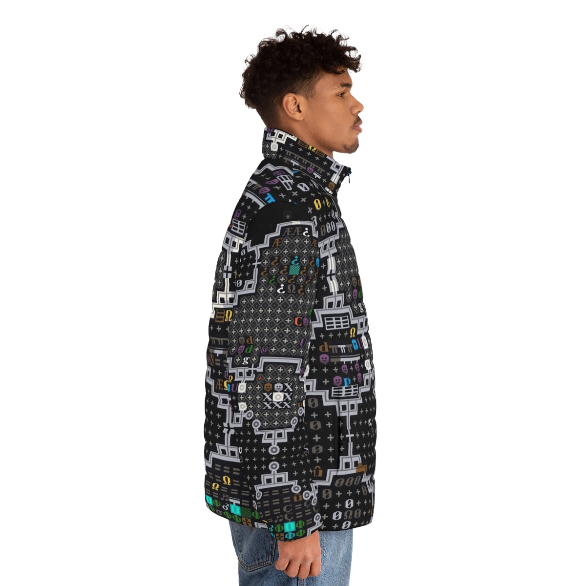 Dwarf Fortress inspired puffer jacket with retro pixel art tiles - men side right