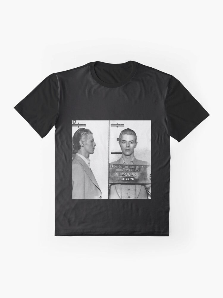 Vintage graphic t-shirt featuring the iconic 1976 mugshot of music legend David Bowie - Flat lay