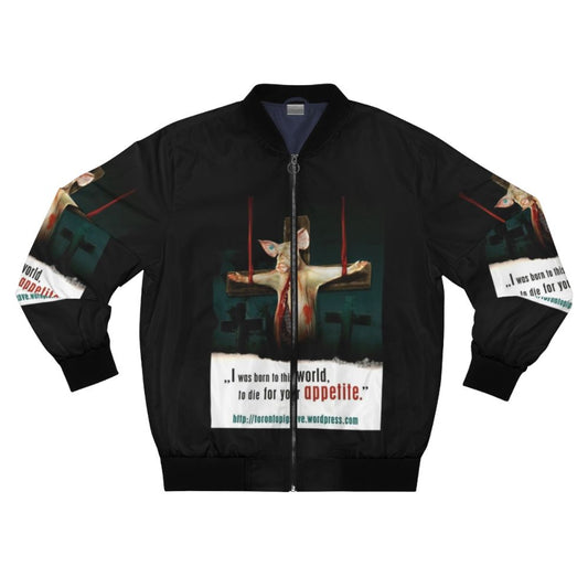 Vegan bomber jacket with animal rights and liberation graphics