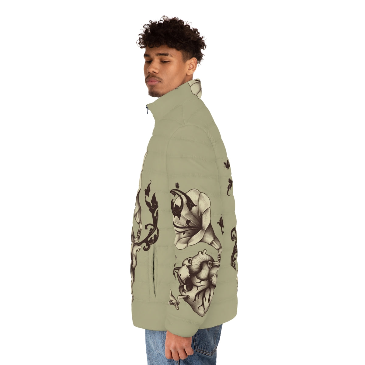 A puffer jacket featuring a surreal heart design with a gramophone, bird, and butterfly elements - men side left