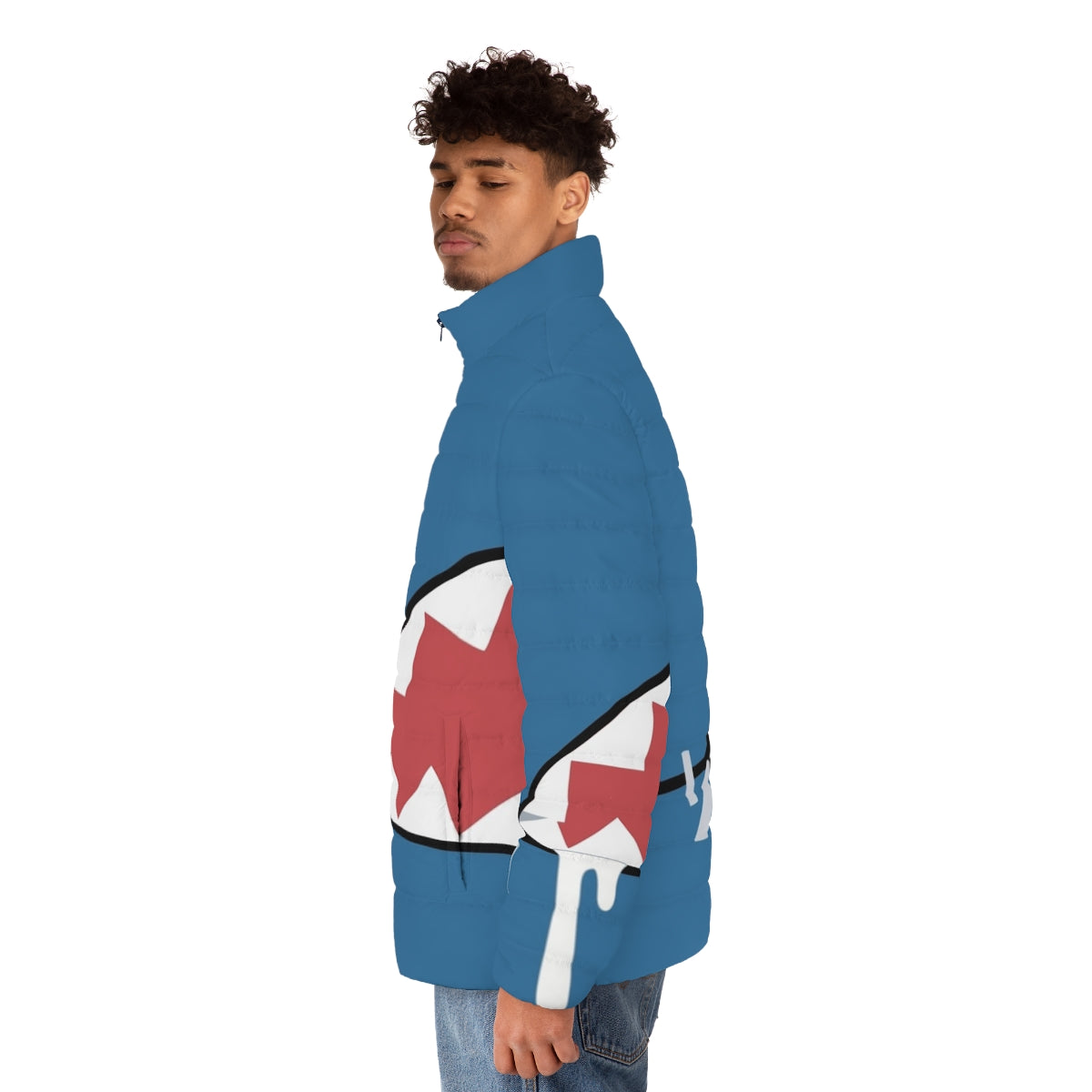 Gawr Gura shark mouth puffer jacket with cute anime design - men side left