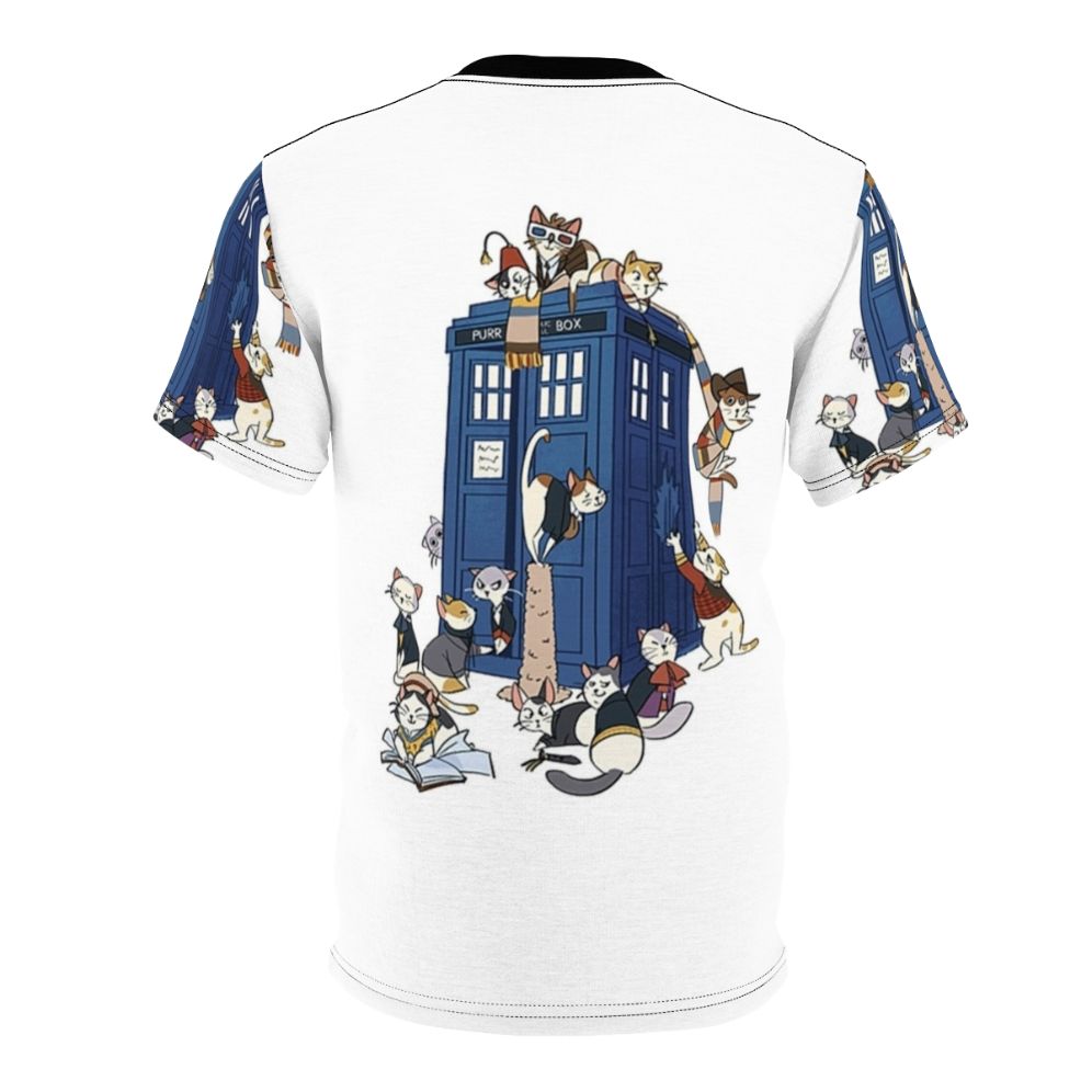 Whimsical t-shirt design featuring a cat dressed as the iconic Time Lord from the Doctor Who series - Back