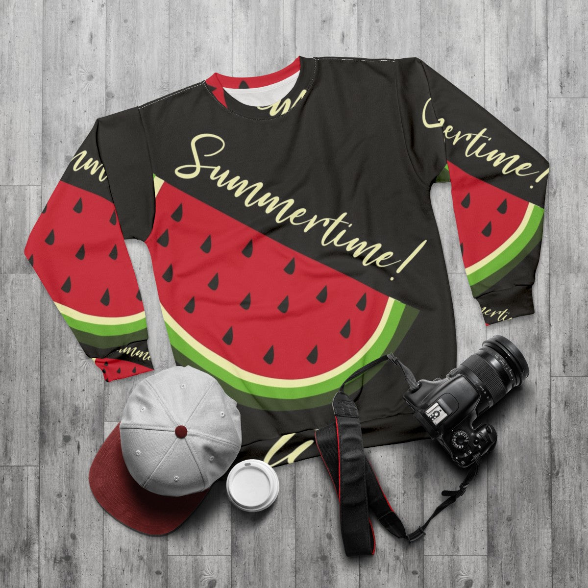 Black sweatshirt with a watermelon design - flat lay