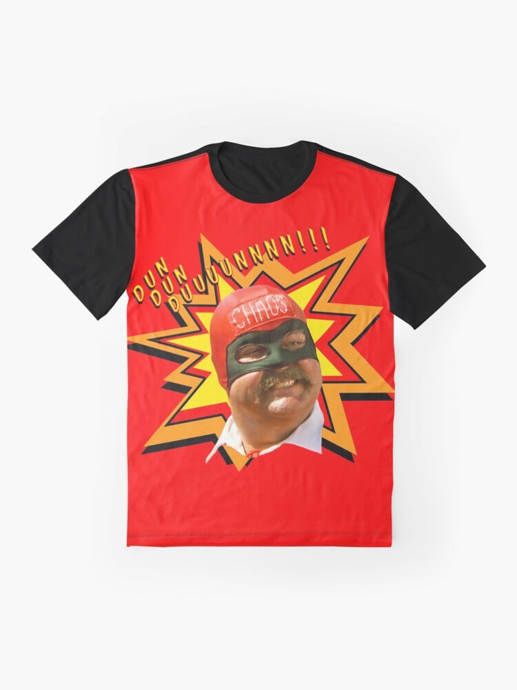 Captain Chaos graphic t-shirt, featuring the iconic character from the classic comedy films of the 70s and 80s. - Flat lay