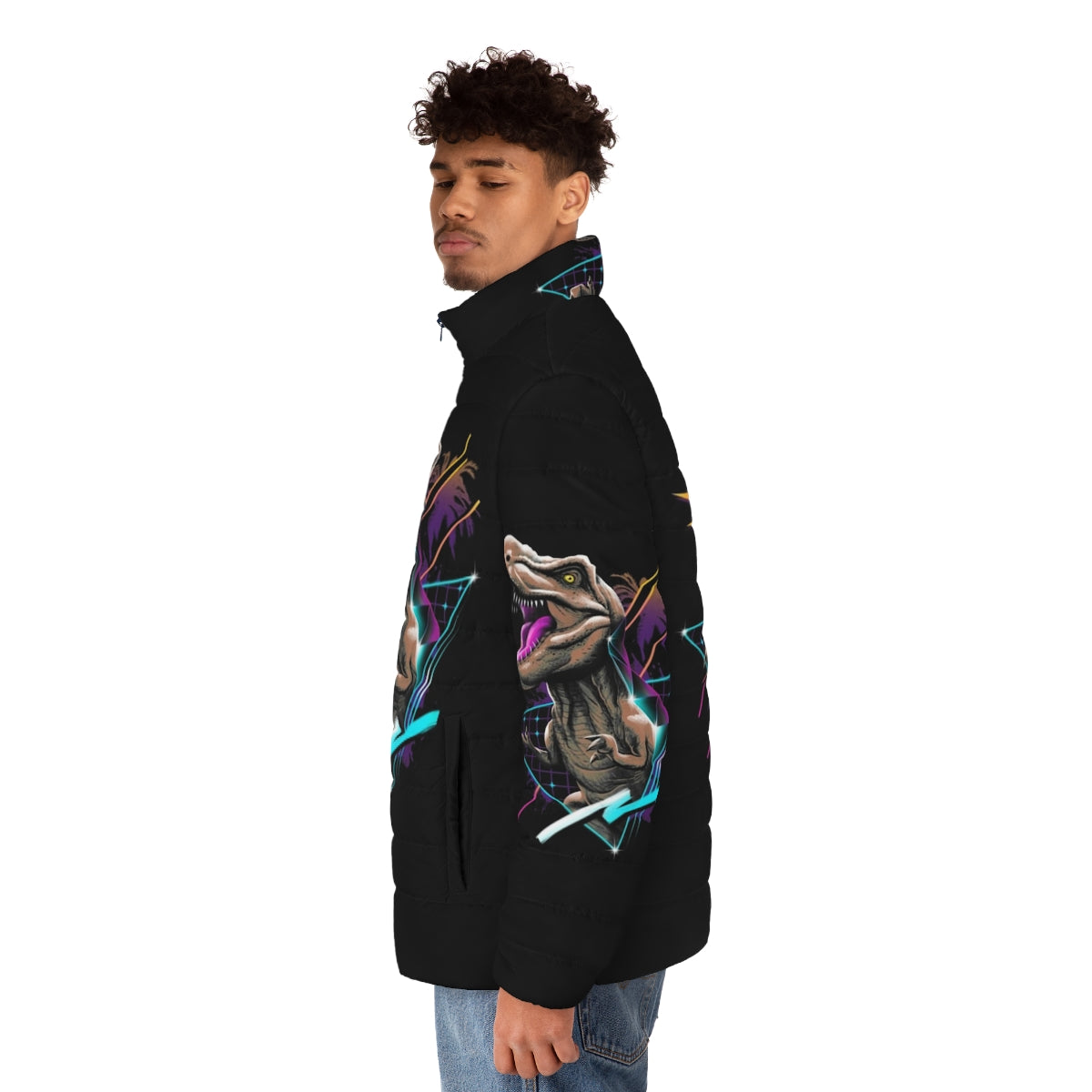 Tyrannosaurus Rex Puffer Jacket, Dinosaur Themed Outerwear - men side left