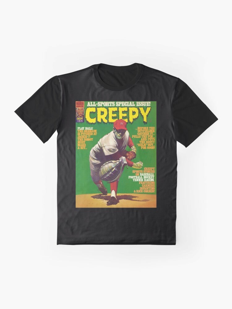 Vintage Creepy #84 Magazine Cover Graphic T-Shirt with Creepy Skulls, Monsters, and Vampires - Flat lay