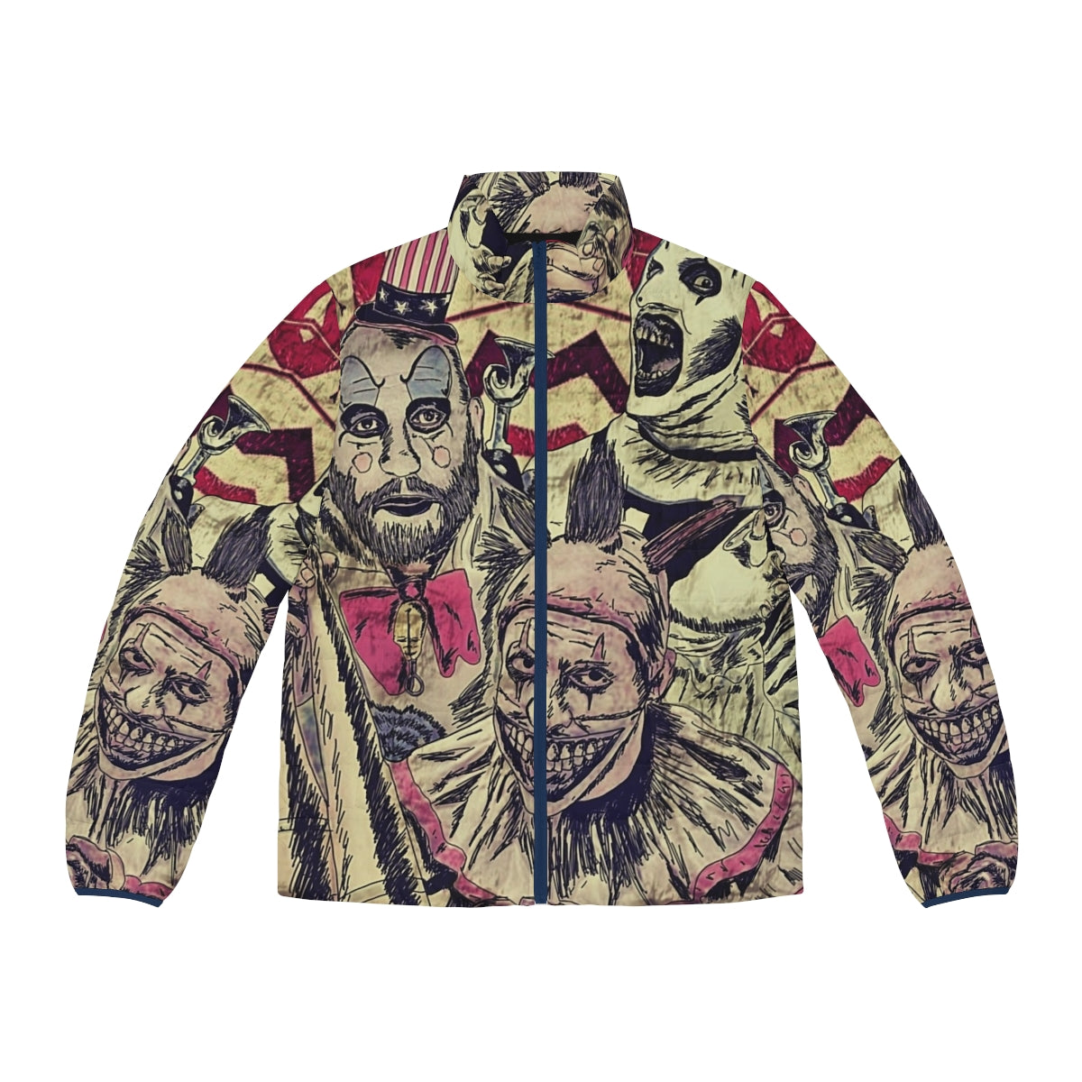 Creepy clown puffer jacket with horror movie-inspired design