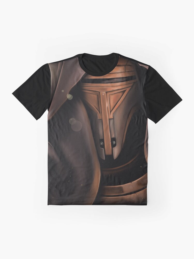 Graphic t-shirt featuring a portrait of Darth Revan, a legendary Sith Lord from the Star Wars: Knights of the Old Republic video game series. - Flat lay