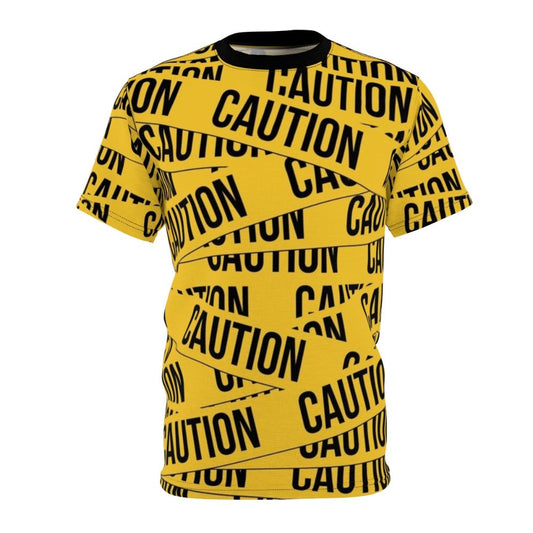 Caution-themed t-shirt with police tape, danger zone, and warning sign graphics