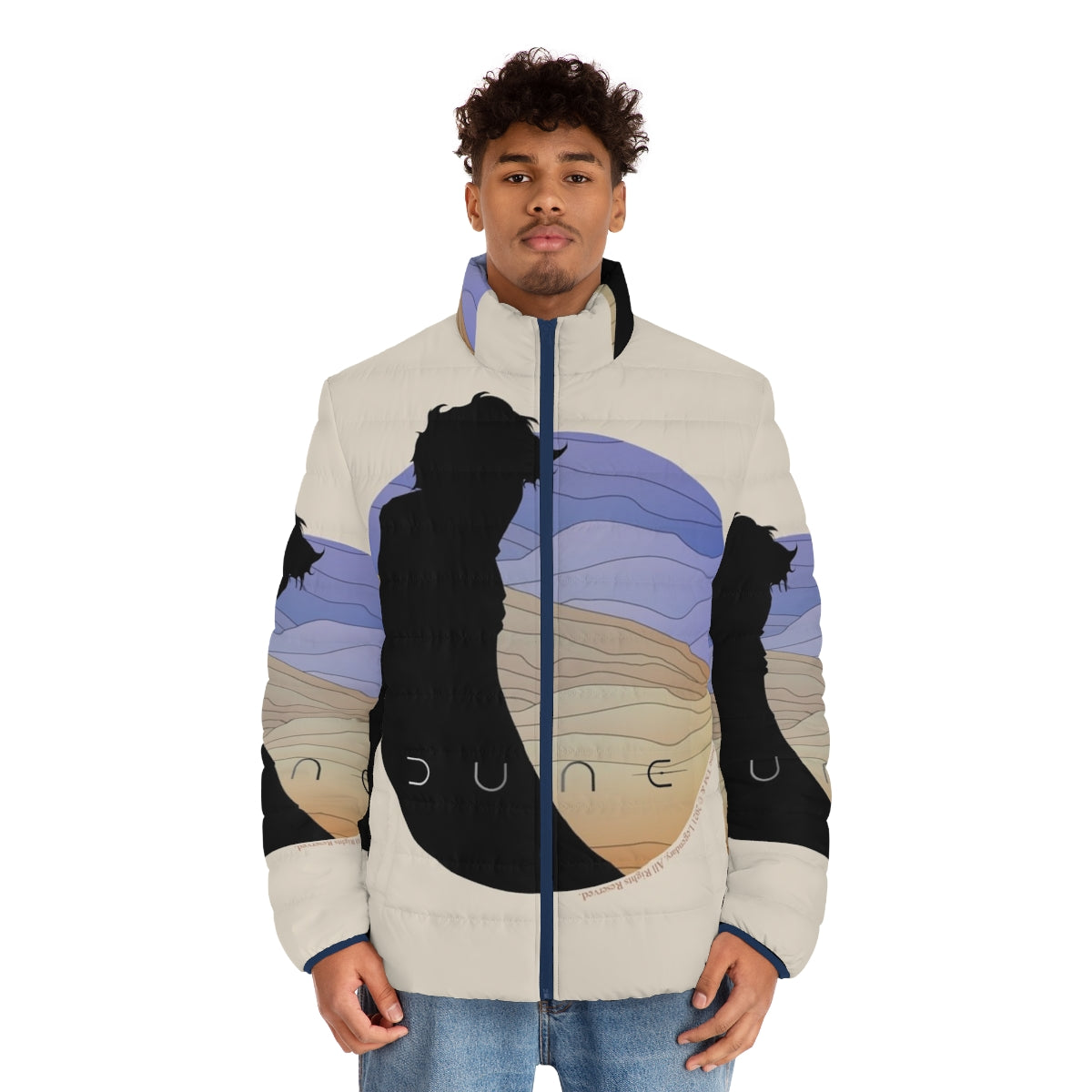 Dune-inspired puffer jacket featuring the iconic Paul Atreides character - men front