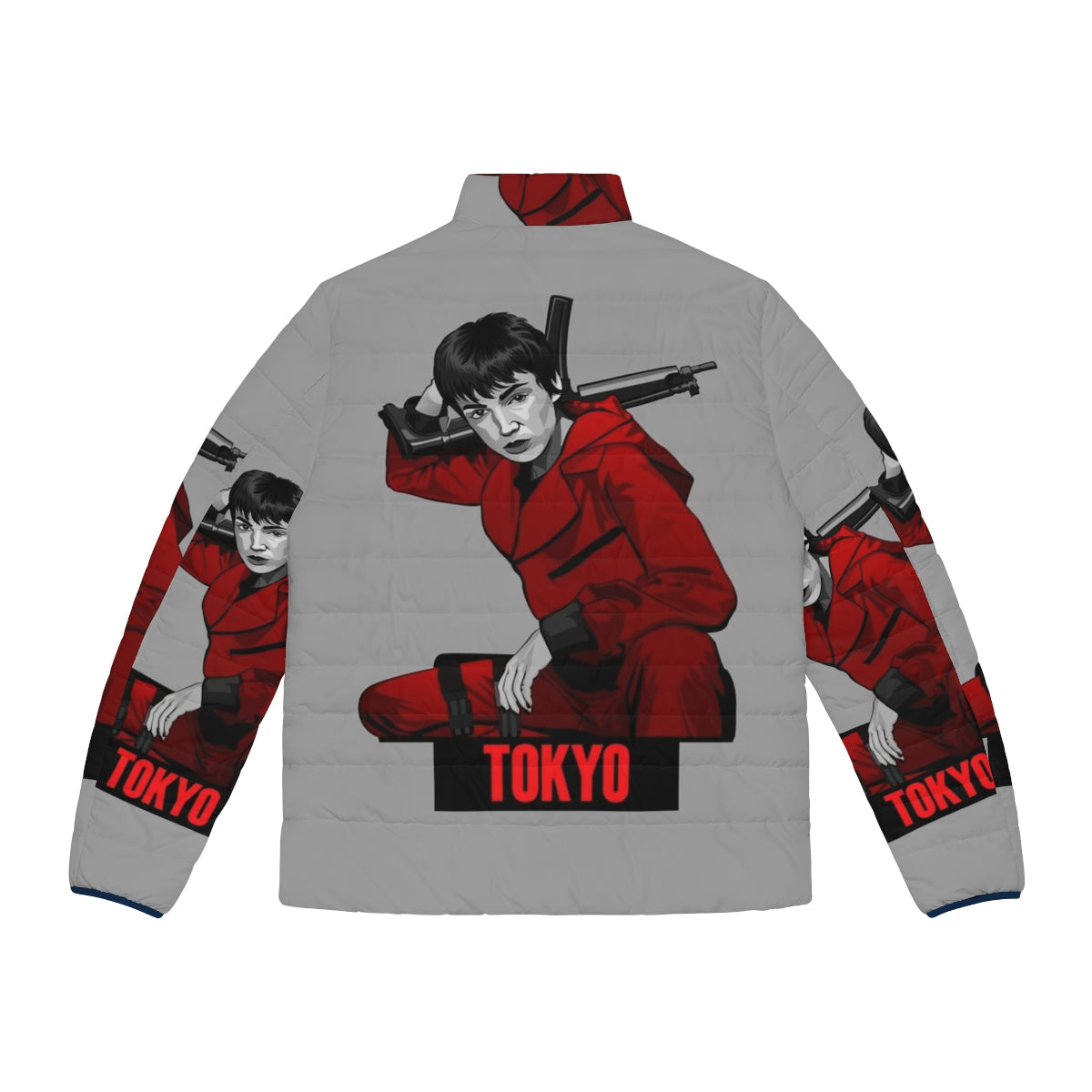 Money Heist Tokyo Puffer Jacket featuring iconic characters and symbols from the hit Netflix series - Back