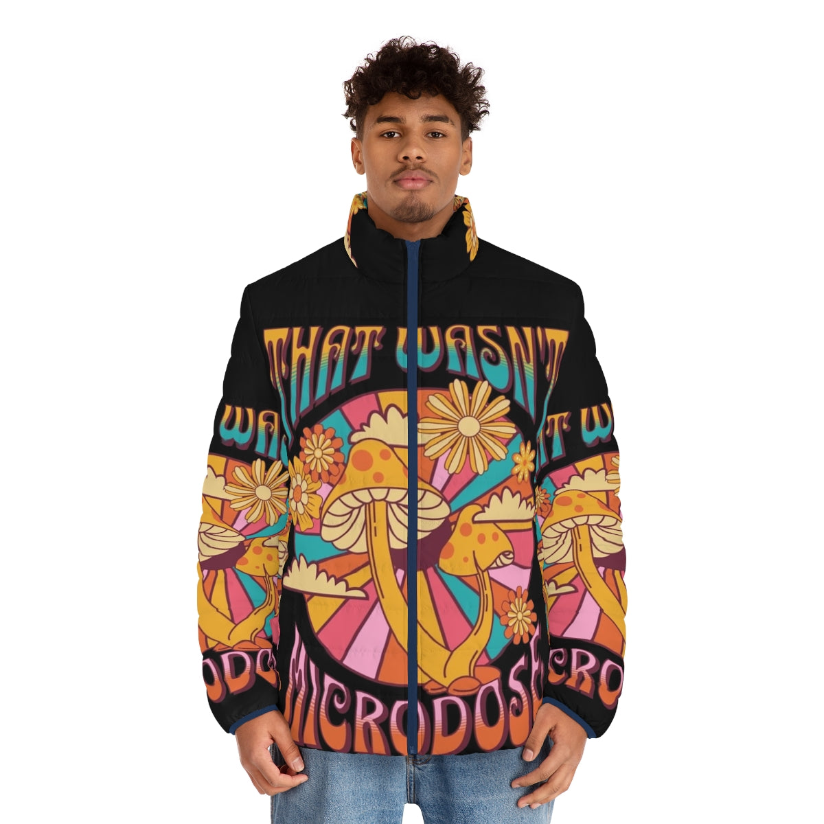 Psychedelic puffer jacket with vibrant, trippy patterns inspired by mushrooms and microdosing - men front