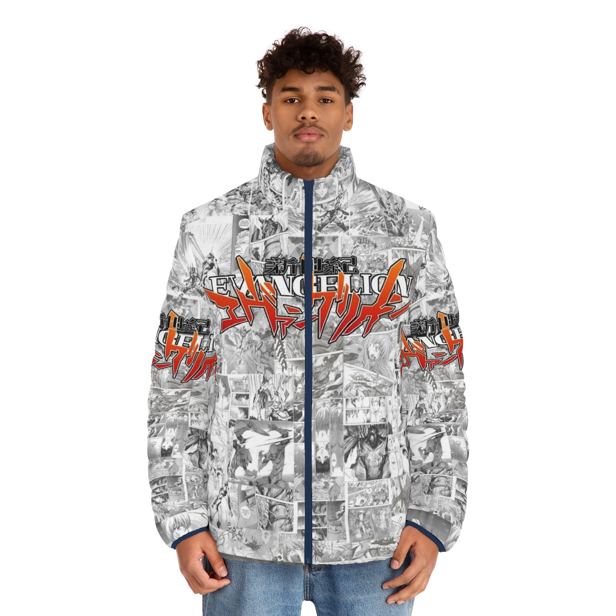 Evangelion puffer jacket featuring iconic mecha anime characters - men front