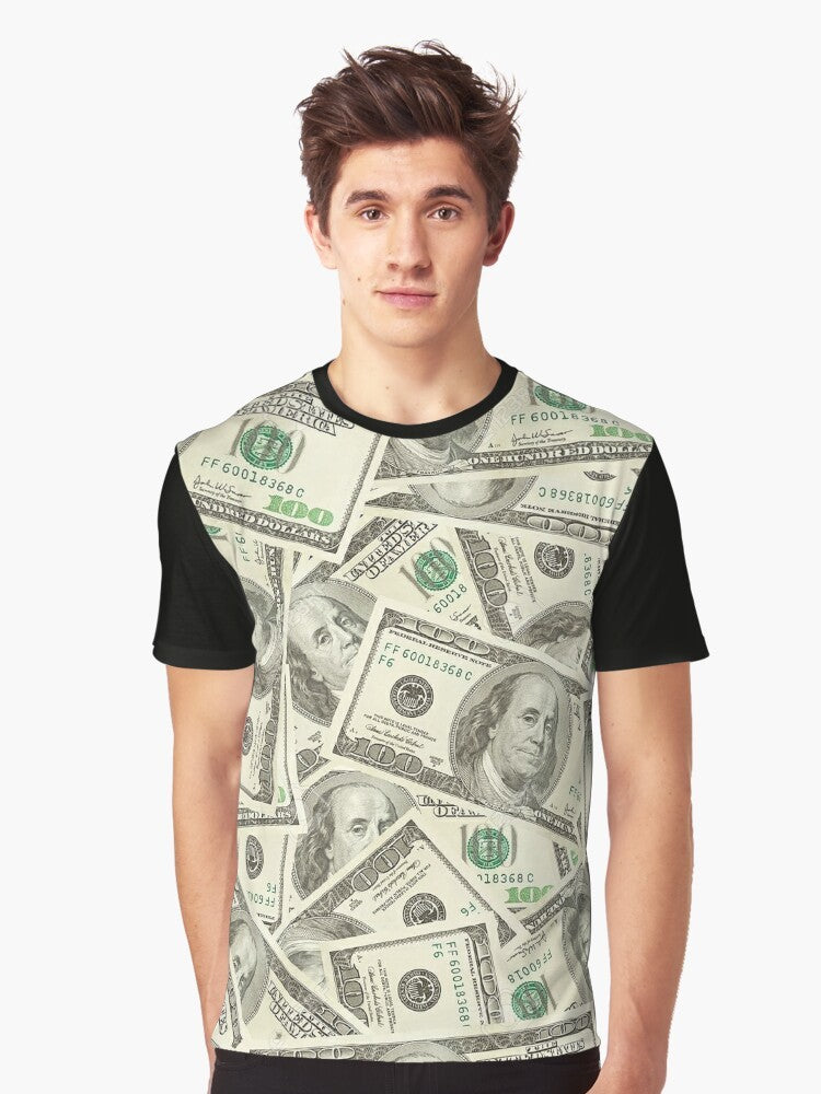 "100 Dollar Bills Graphic T-Shirt featuring a pattern of hundred dollar bills and Benjamin Franklin's portrait" - Men