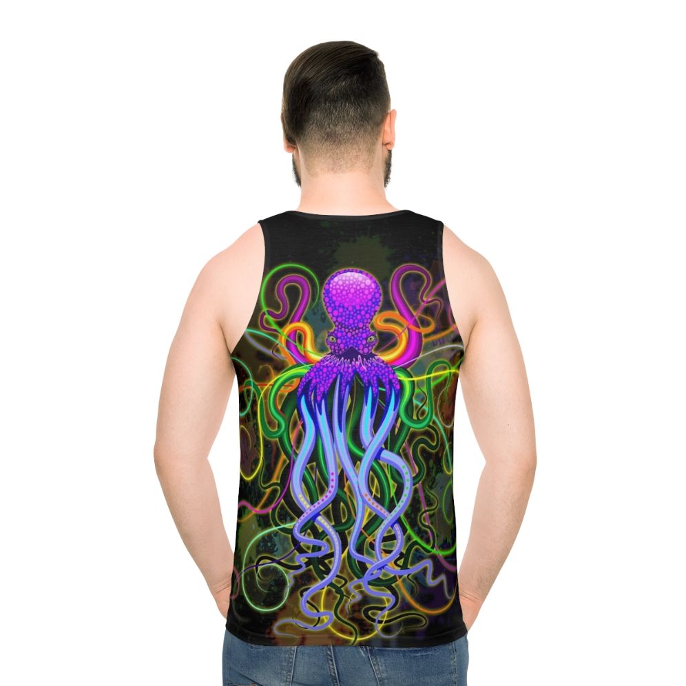 Colorful psychedelic octopus with luminescent tentacles - men back