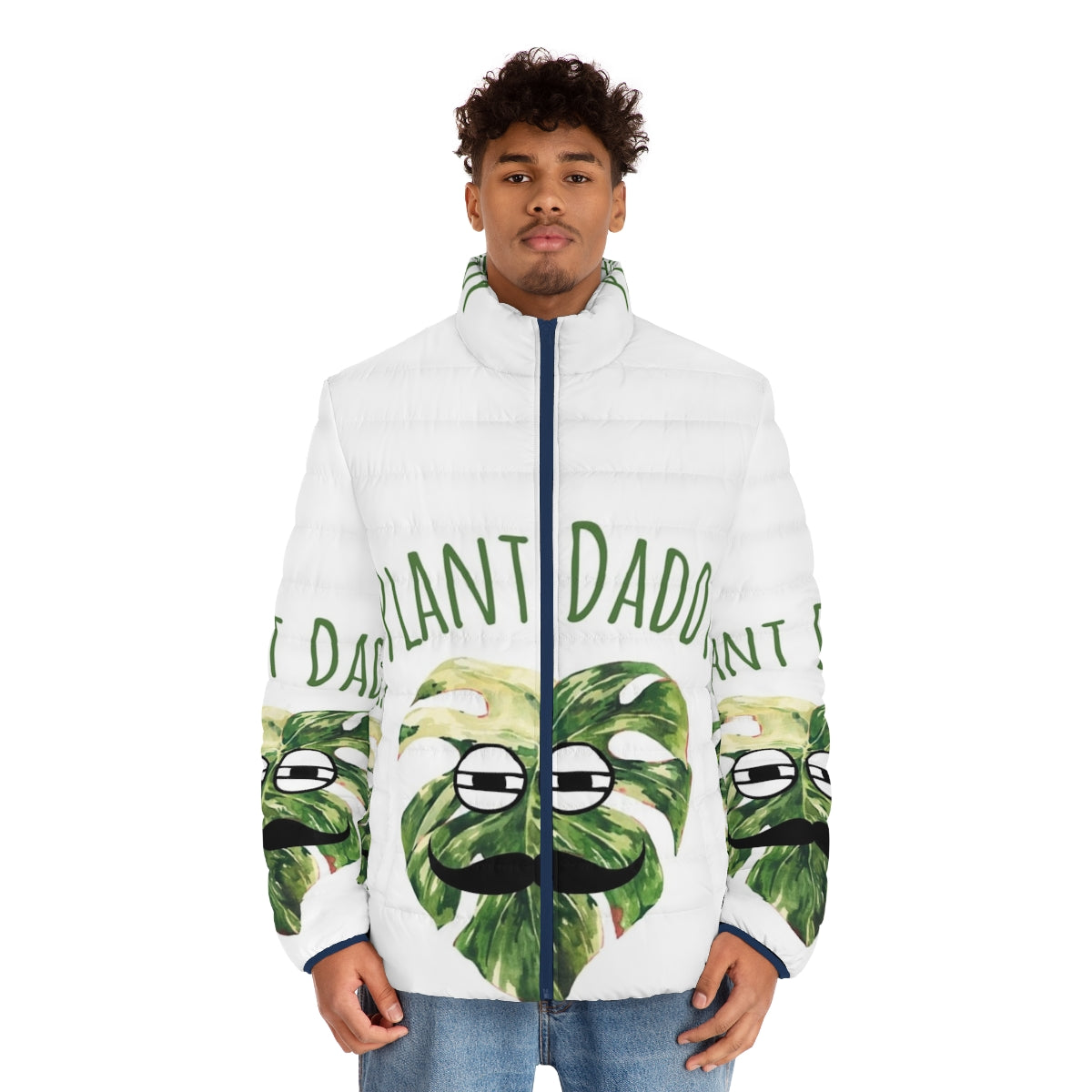 A cozy puffer jacket with a plant-themed design, perfect for the ultimate plant lover - men front