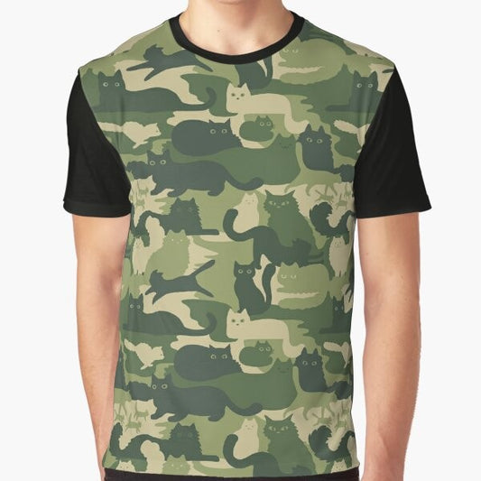 A green camouflage pattern with cat silhouettes on a t-shirt