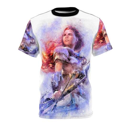 Horizon Zero Dawn inspired watercolor AOP t-shirt featuring the character Aloy