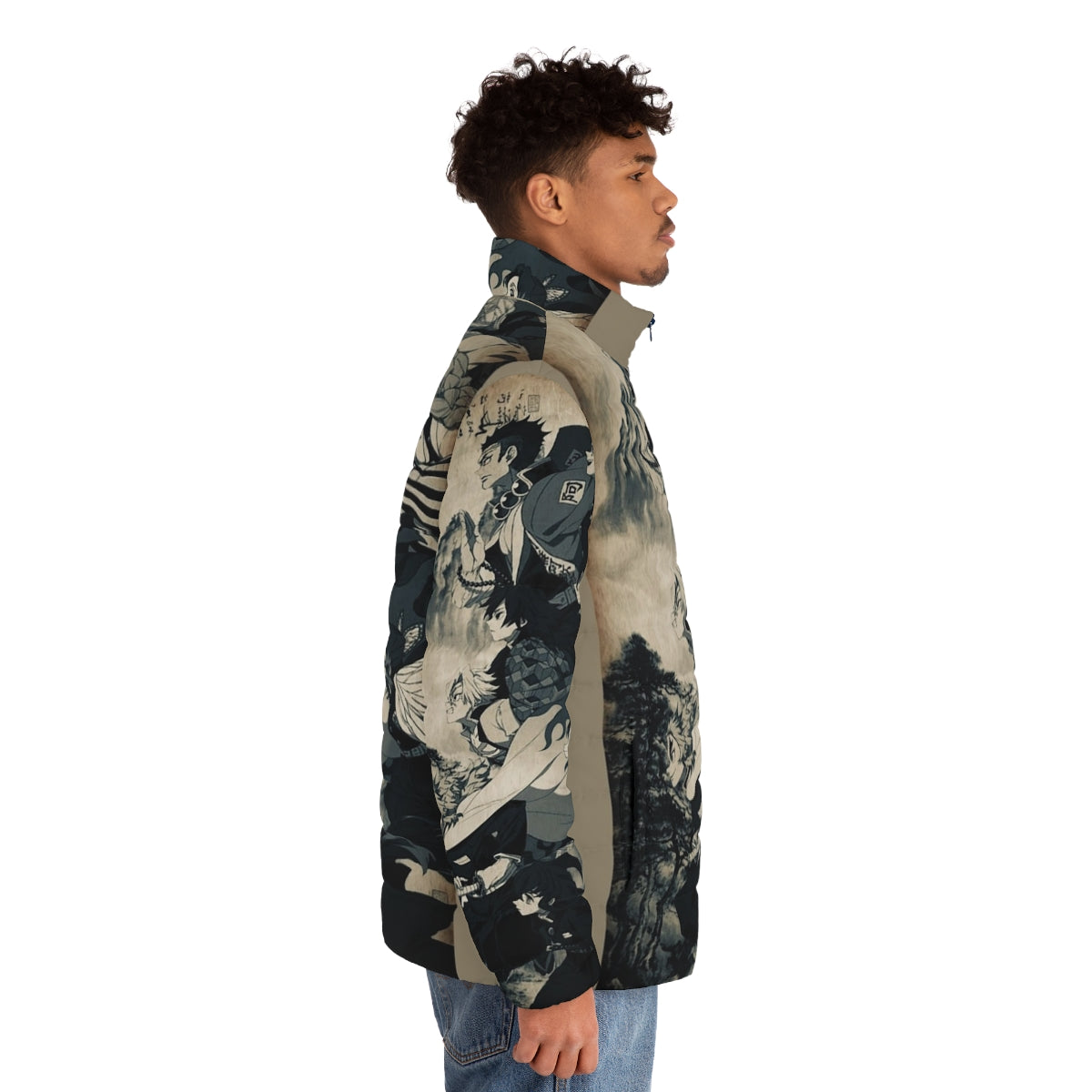 Demon Slayer inspired anime puffer jacket with cool aesthetic design - men side right