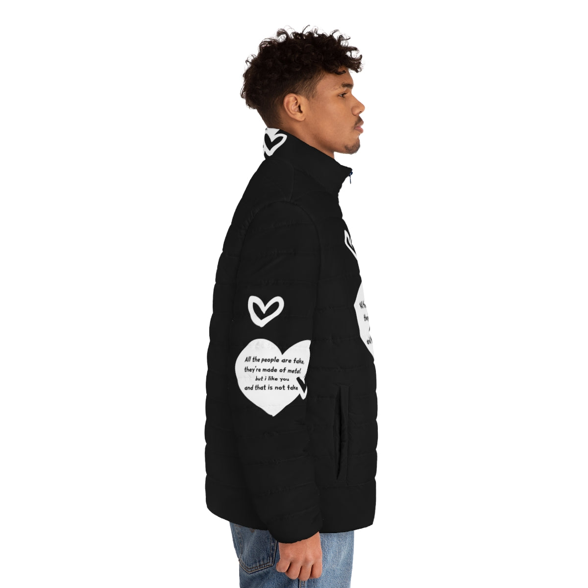 Young Royals Quotes Puffer Jacket featuring characters Wilhelm and Simon from the Netflix series - men side right