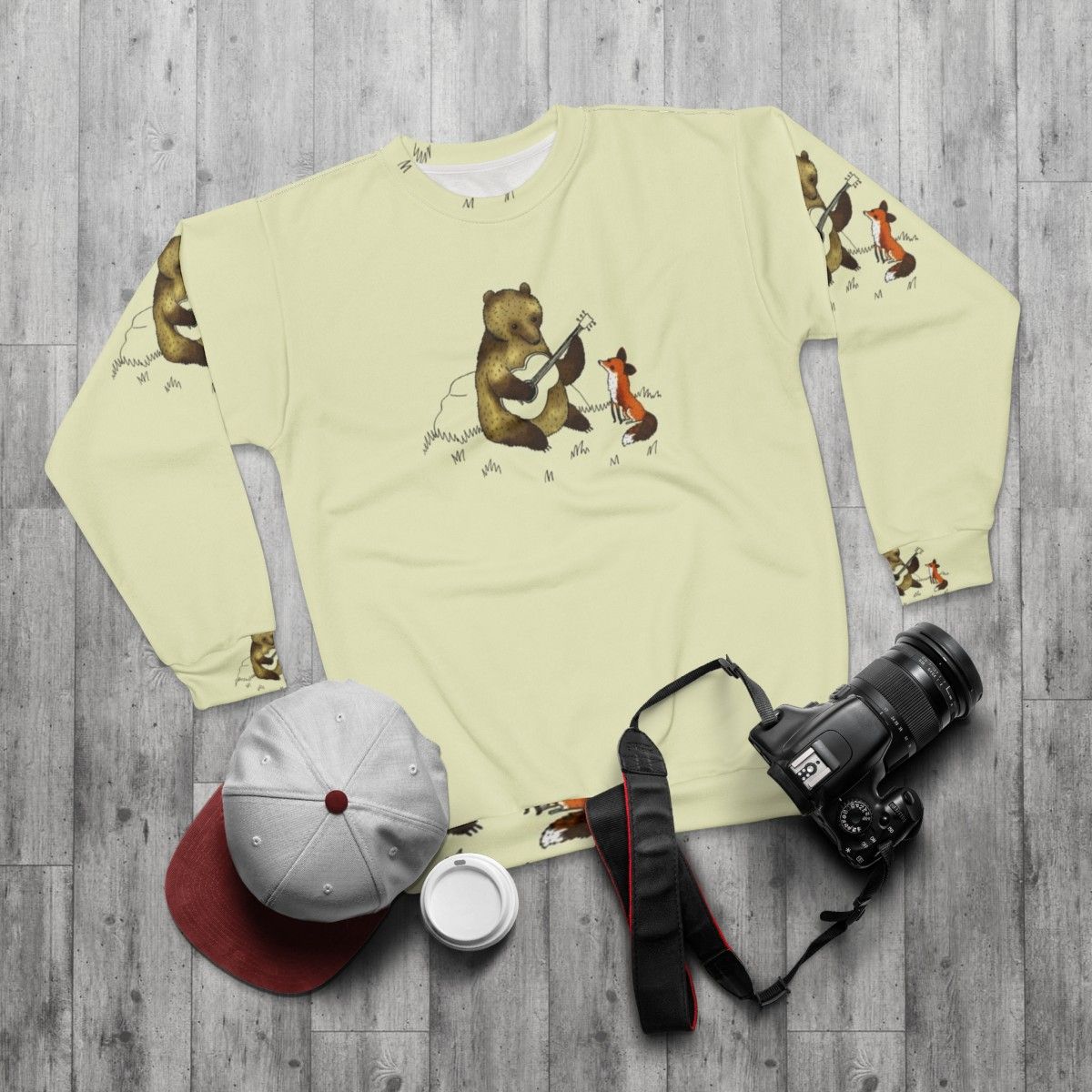 Adorable bear and fox sweatshirt - flat lay