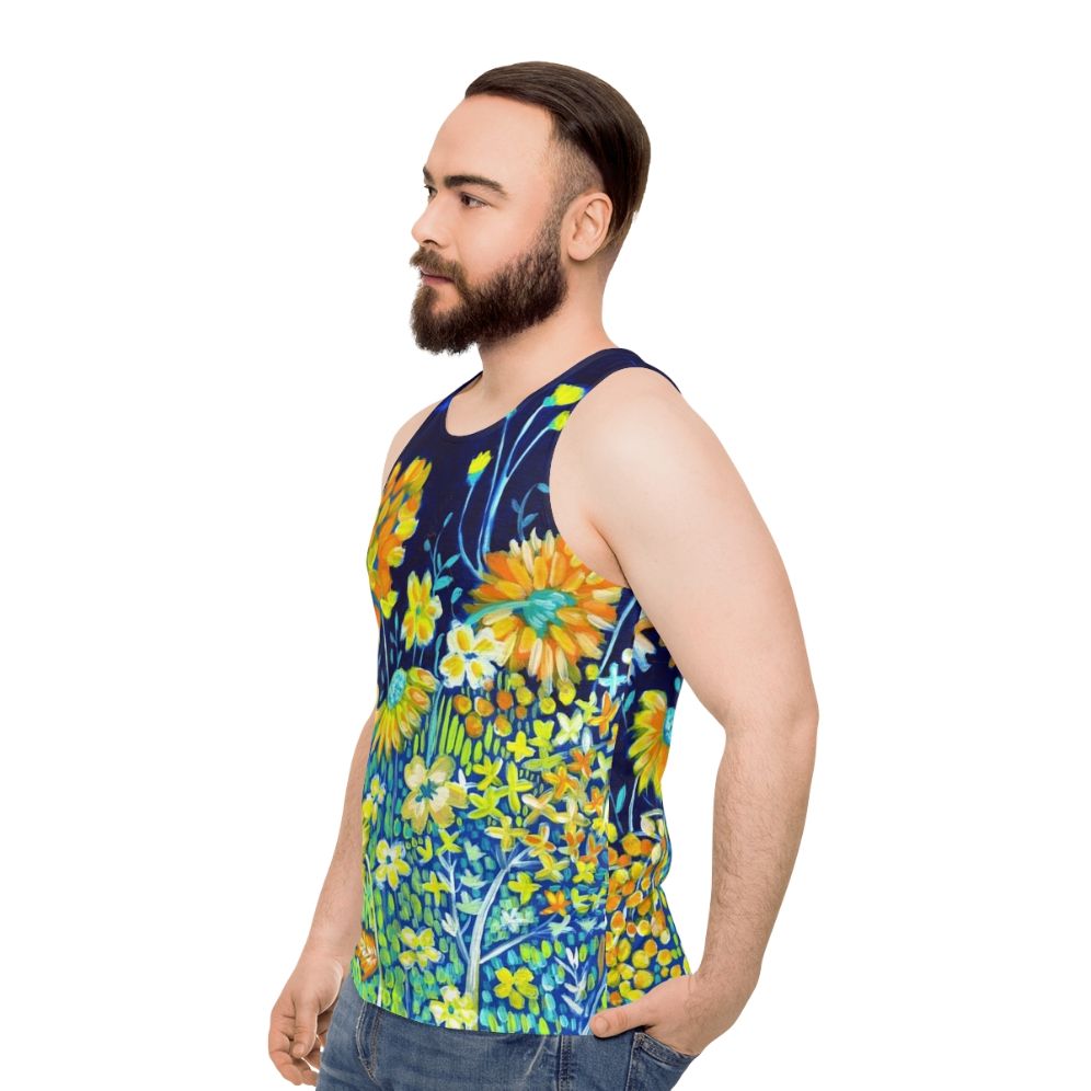 Unisex spring floral tank top in indigo blue and yellow daisies - men side