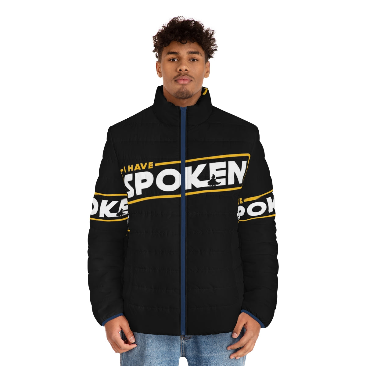 Mandalorian Puffer Jacket featuring "I Have Spoken" quote and logo - men front