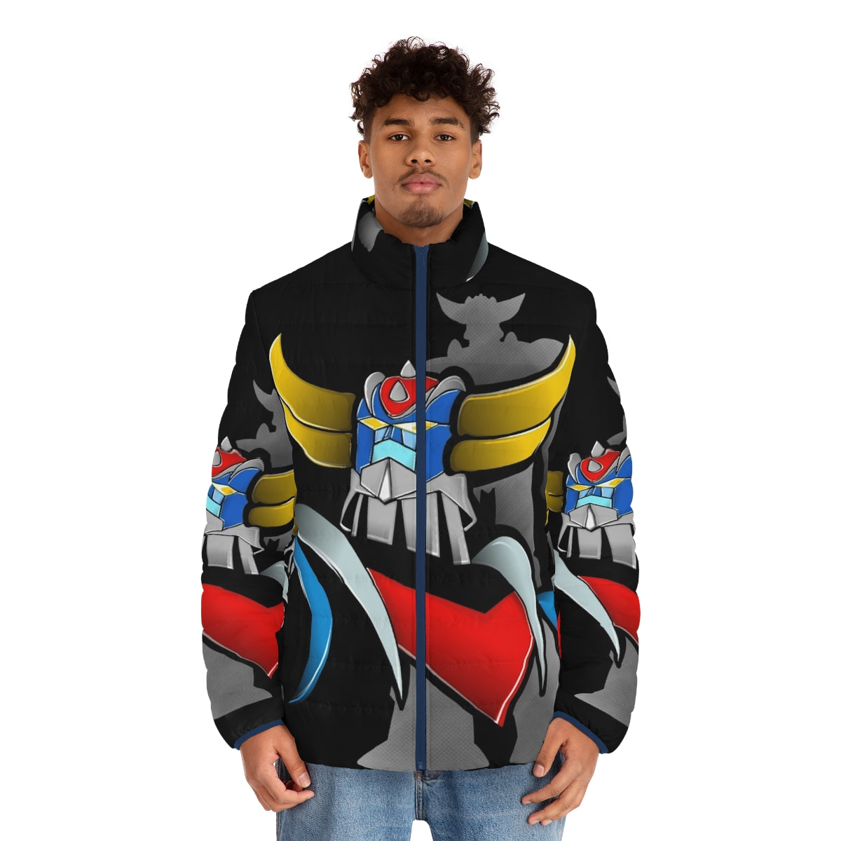 Vintage Goldorak Grendizer Puffer Jacket featuring retro anime mecha design - men front