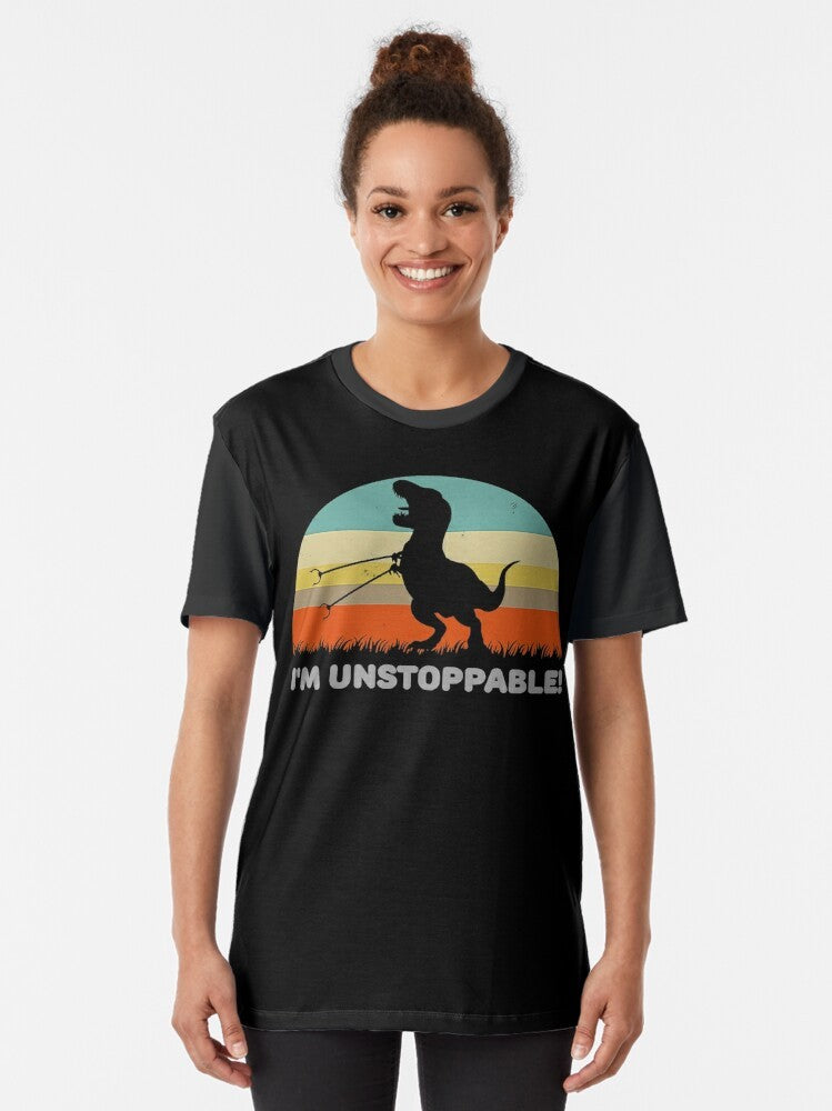 Graphic illustration of a T-Rex dinosaur holding a trash grabber pickup tool, humorous dinosaur design - Women