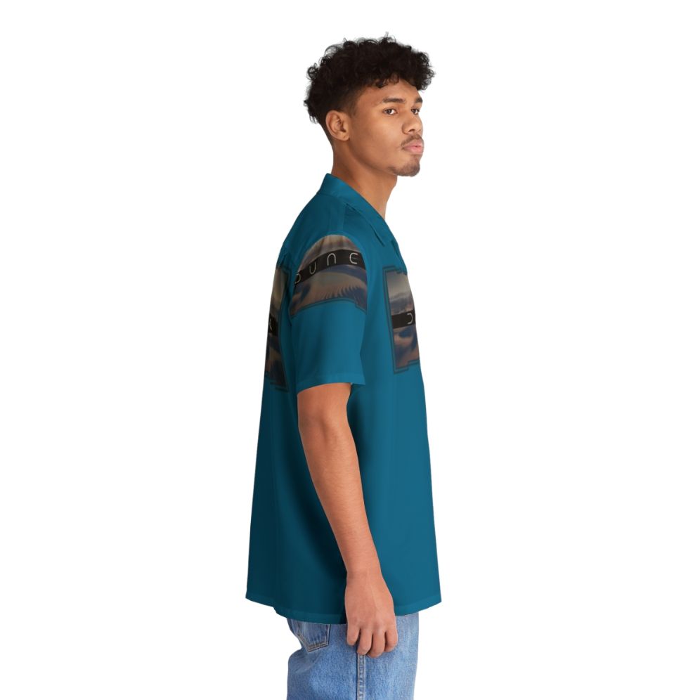 Dune-inspired blue Hawaiian shirt with desert planet and two moons design - People Pight